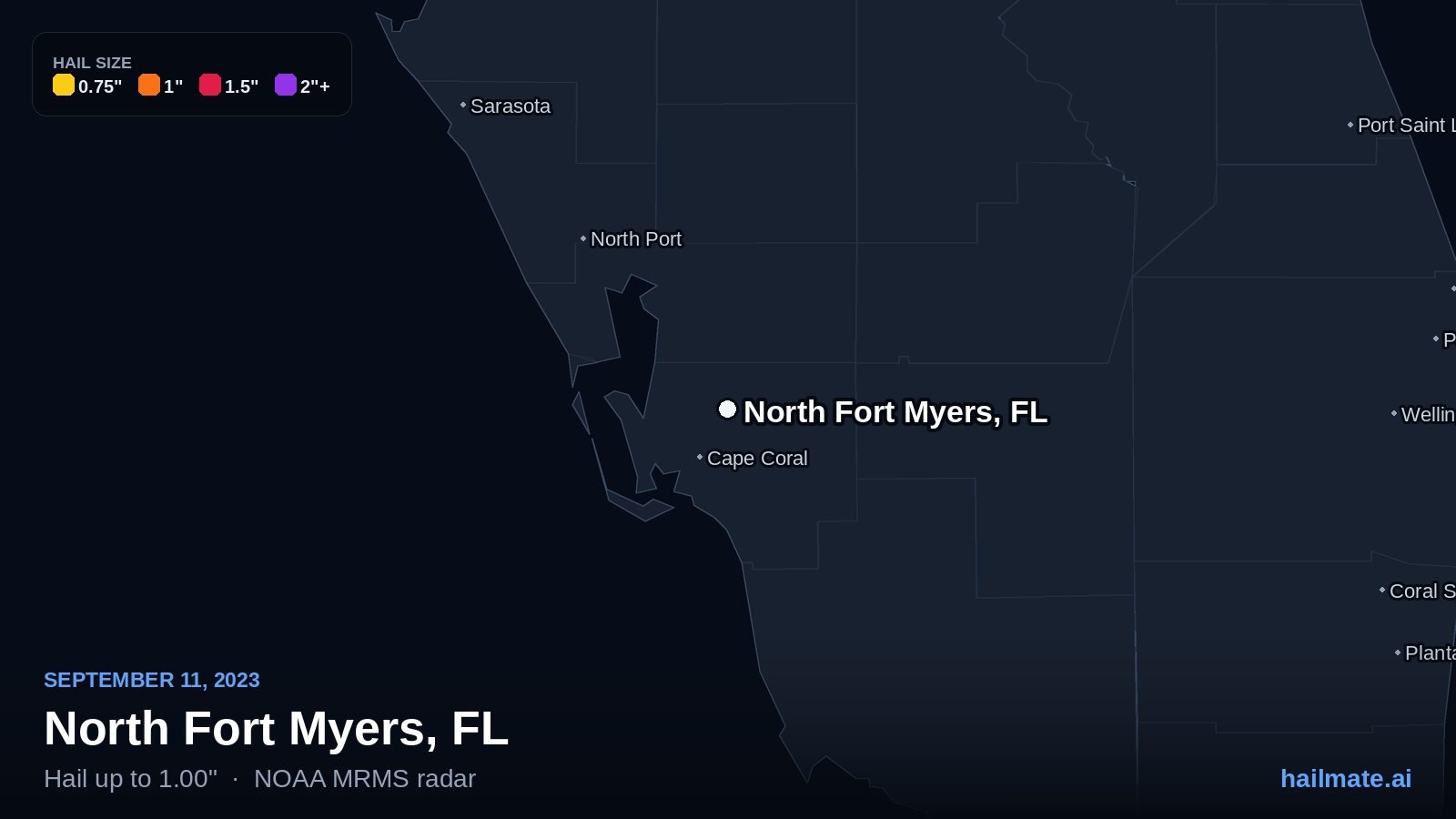 Hail swath map for North Fort Myers, FL on September 11, 2023 showing 1.00 inch hail.