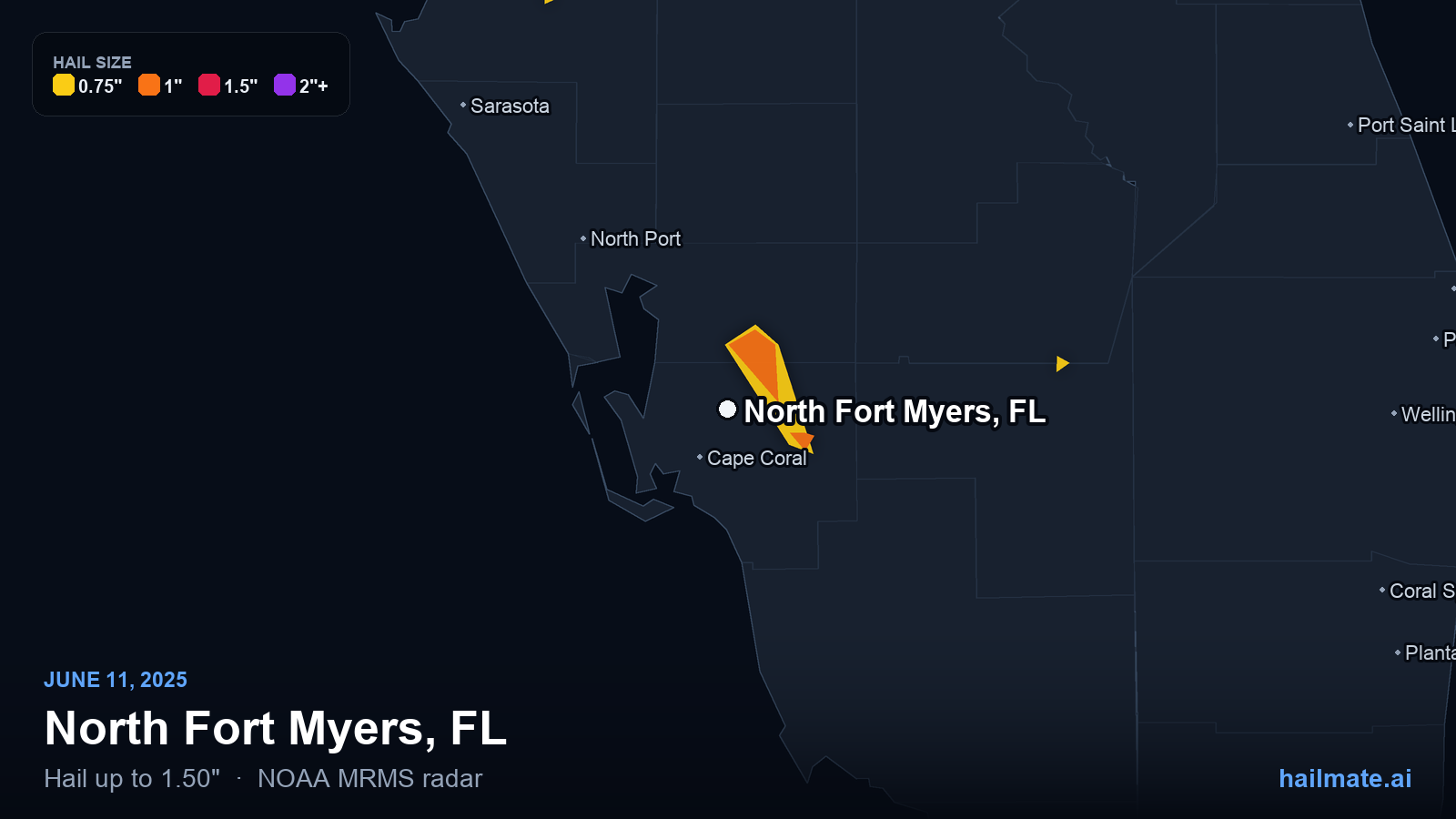 Hail swath map for North Fort Myers, FL on June 11, 2025 showing 1.50 inch hail.
