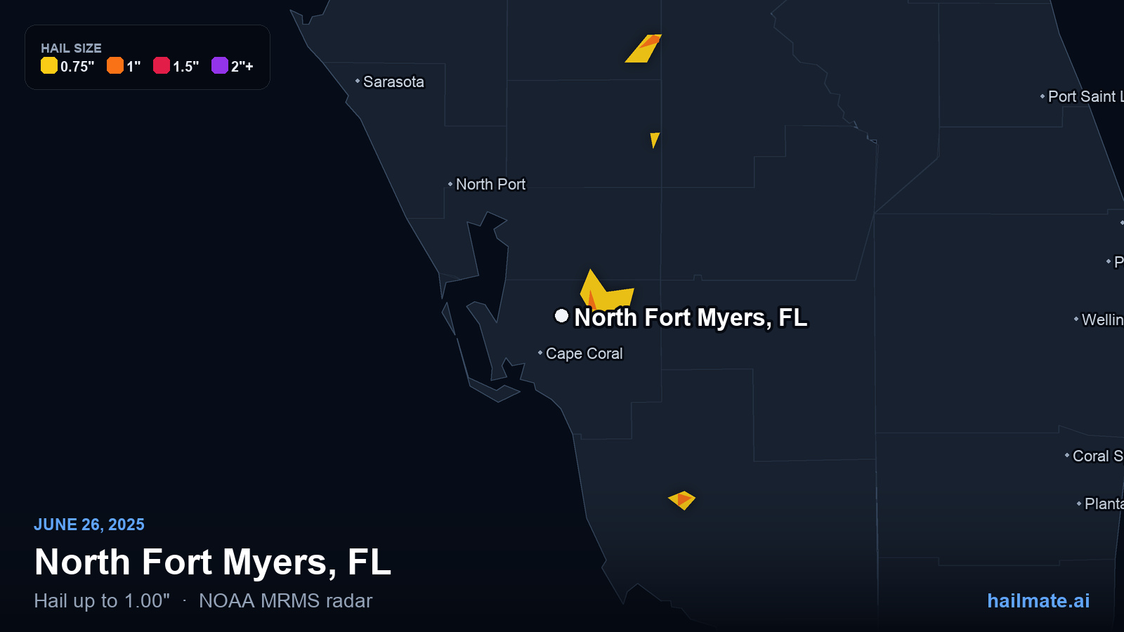 Hail swath map for North Fort Myers, FL on June 26, 2025 showing 1.00 inch hail.