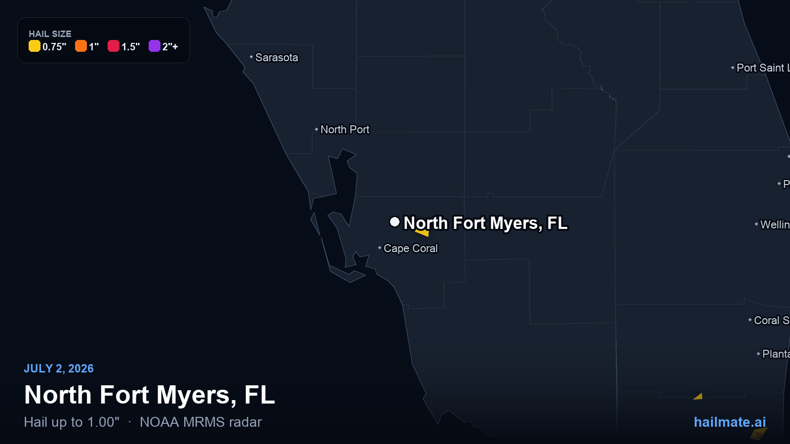Hail swath map for North Fort Myers, FL on July 2, 2026 showing 1.00 inch hail.
