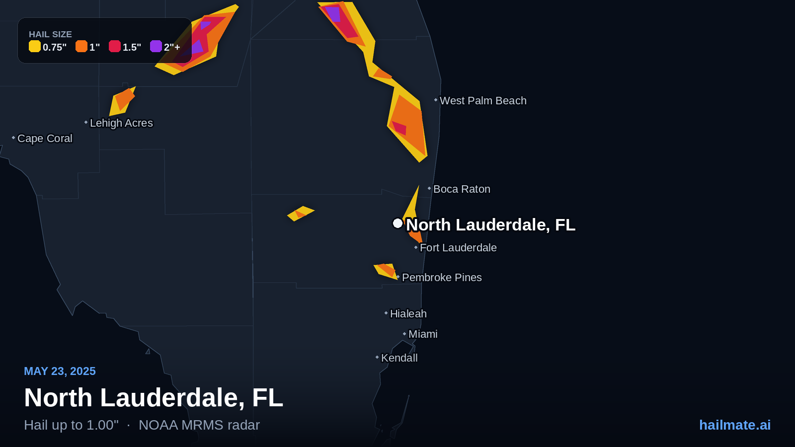 Hail swath map for North Lauderdale, FL on May 23, 2025 showing 1.00 inch hail.