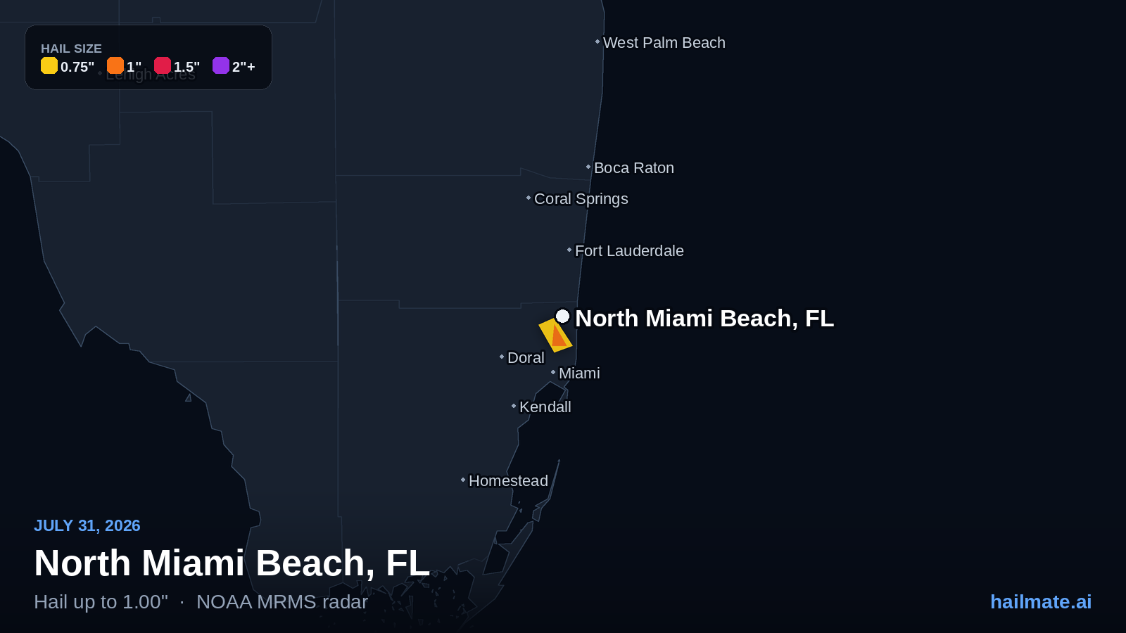 Hail swath map for North Miami Beach, FL on July 31, 2026 showing 1.00 inch hail.