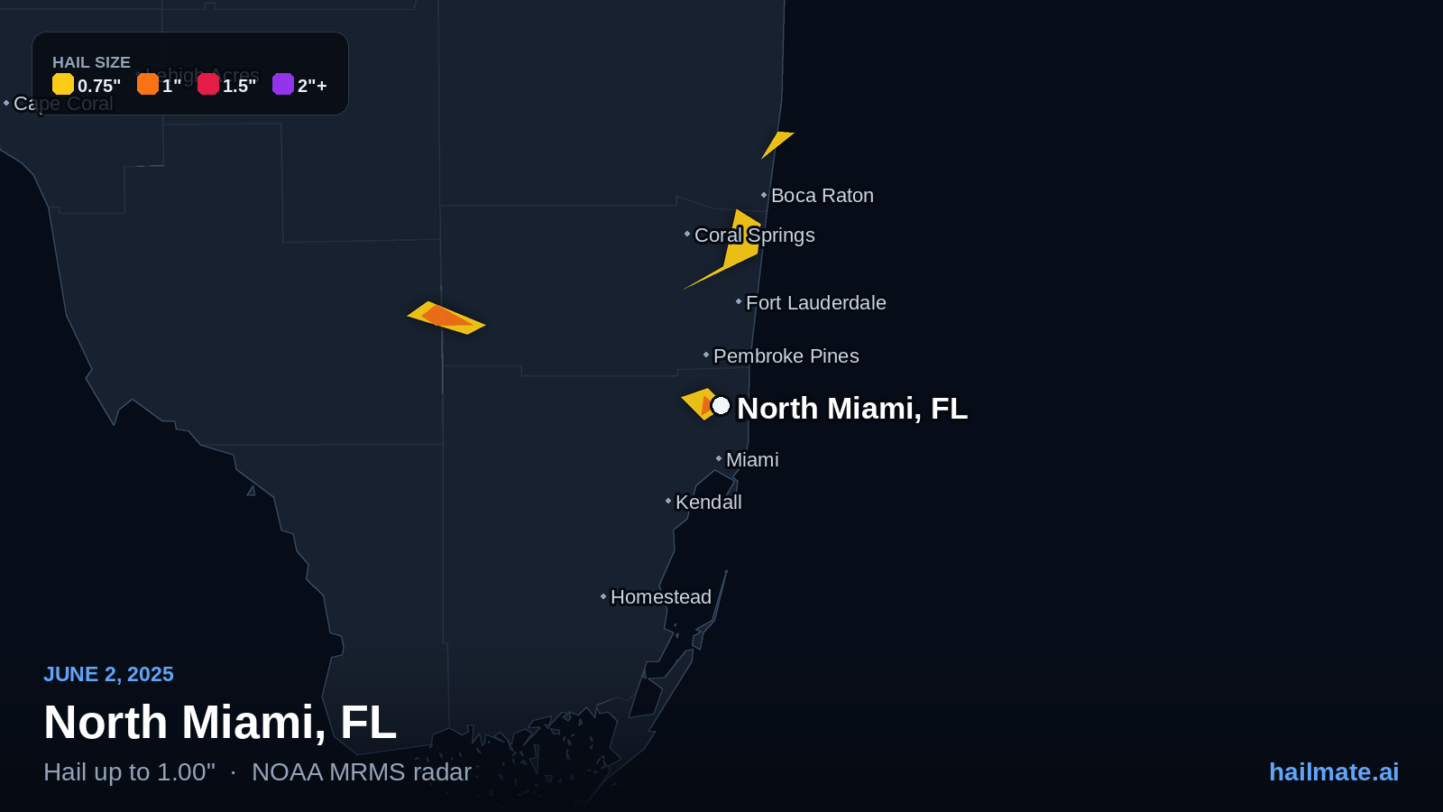 Hail swath map for North Miami, FL on June 2, 2025 showing 1.00 inch hail.