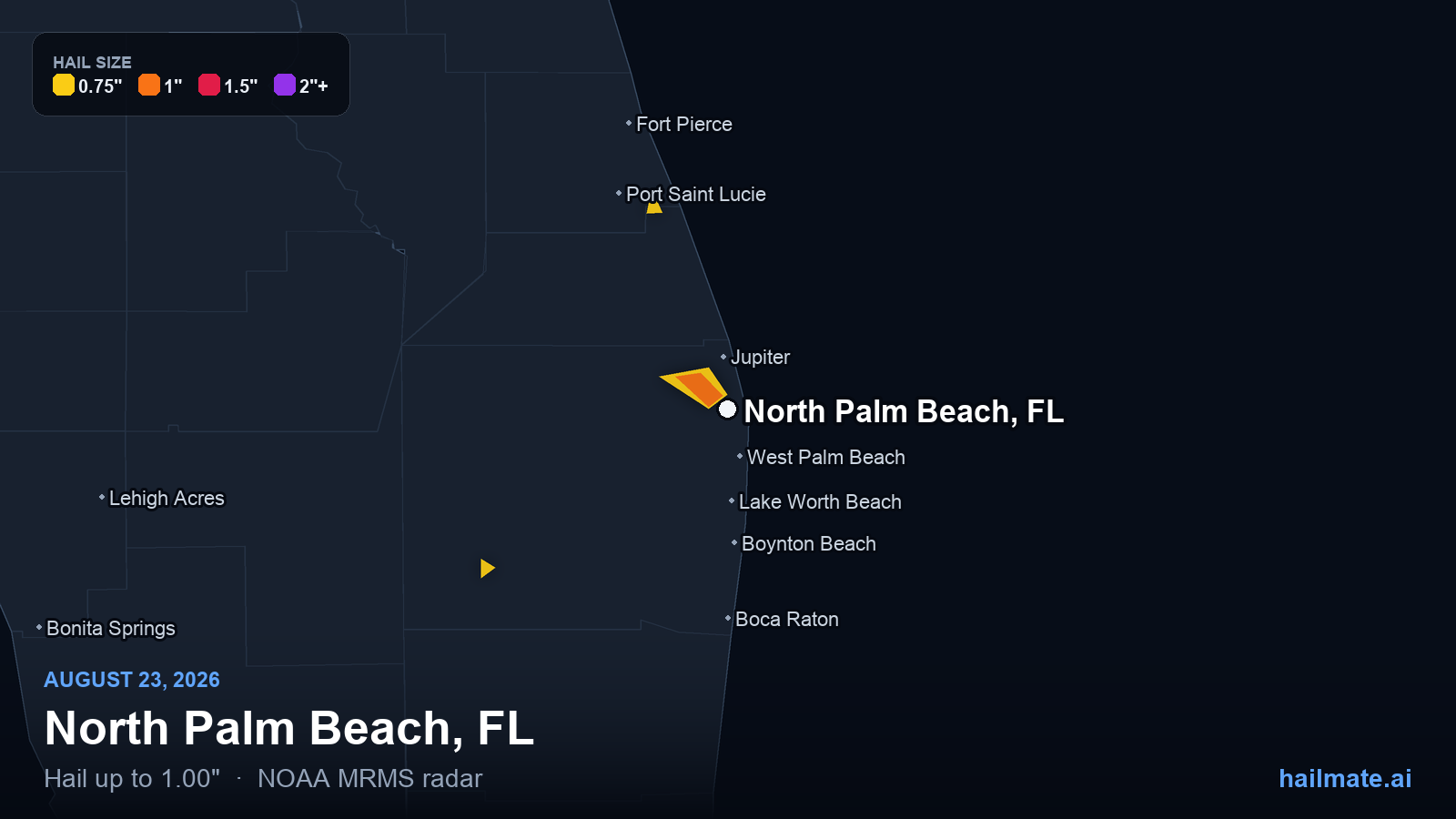 Hail swath map for North Palm Beach, FL on August 23, 2026 showing 1.00 inch hail.