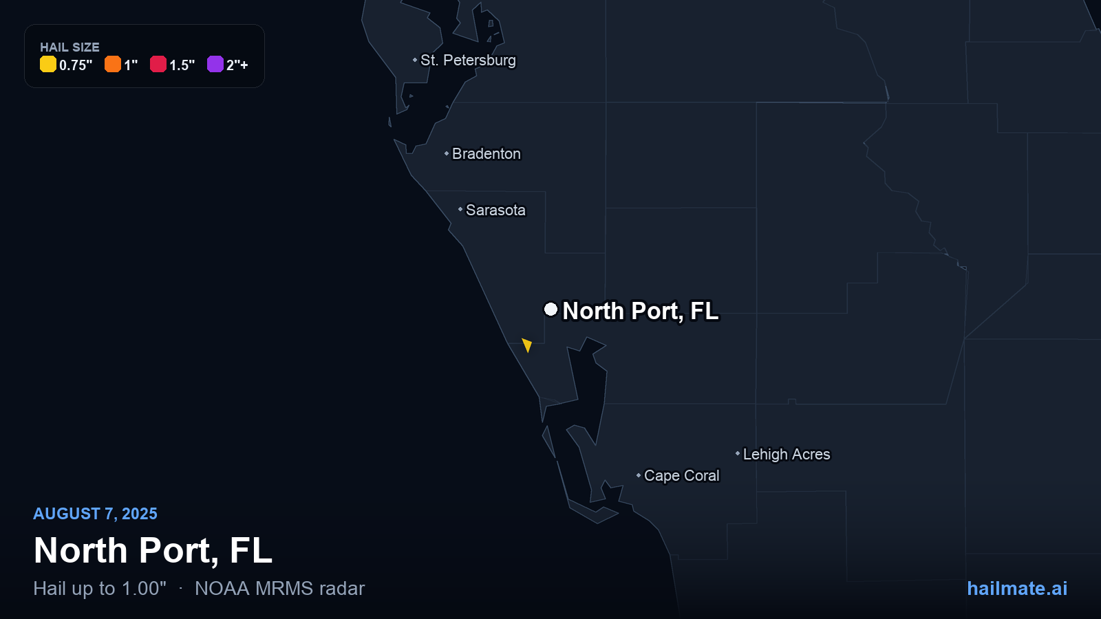 Hail swath map for North Port, FL on August 7, 2025 showing 1.00 inch hail.