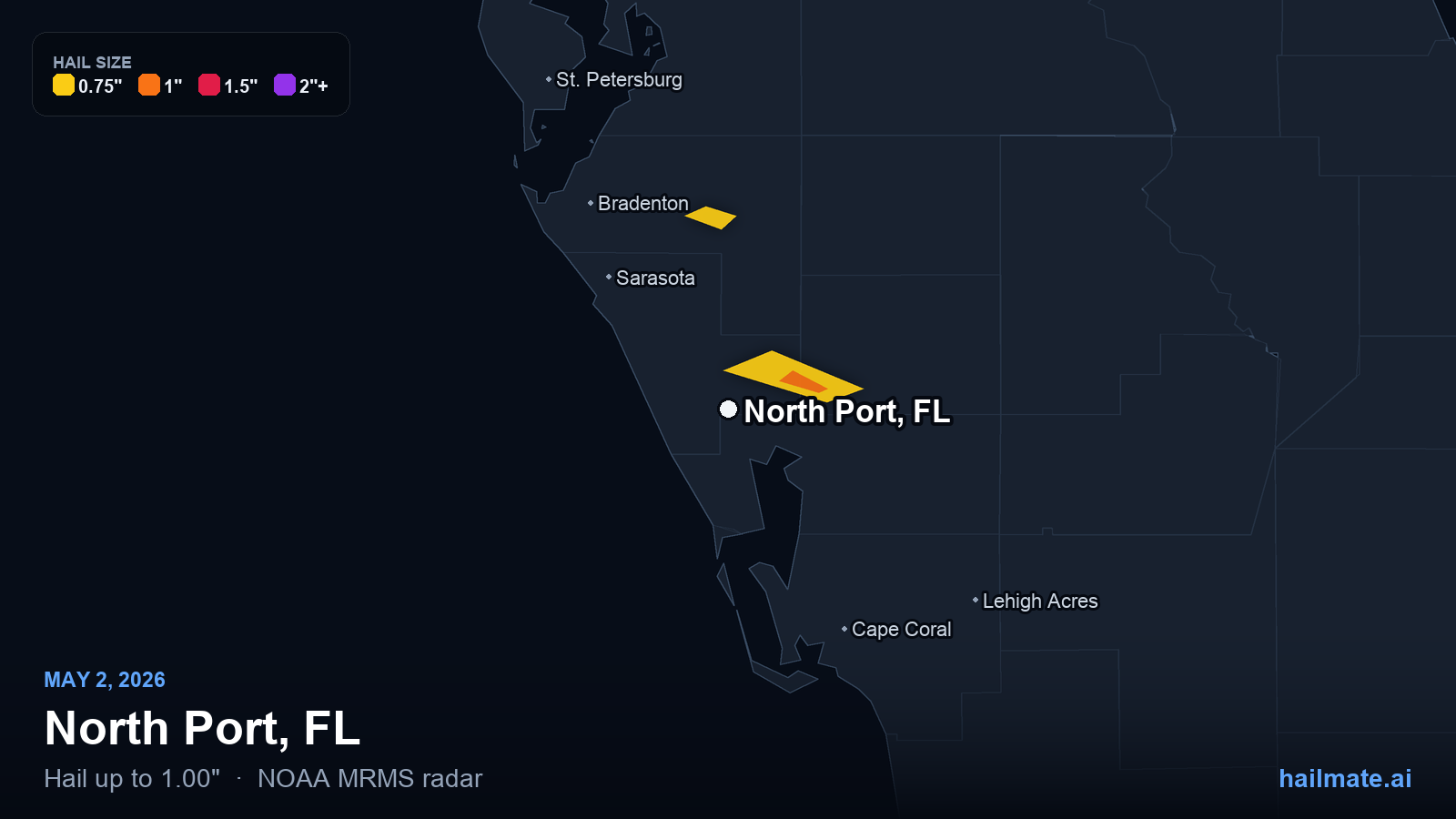 Hail swath map for North Port, FL on May 2, 2026 showing 1.00 inch hail.