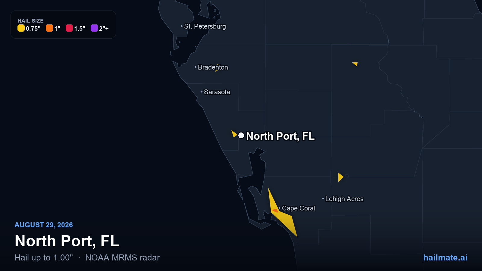 Hail swath map for North Port, FL on August 29, 2026 showing 1.00 inch hail.