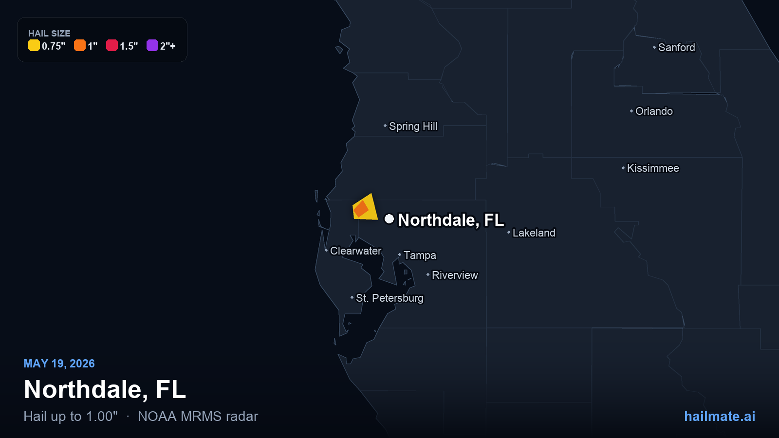 Hail swath map for Northdale, FL on May 19, 2026 showing 1.00 inch hail.