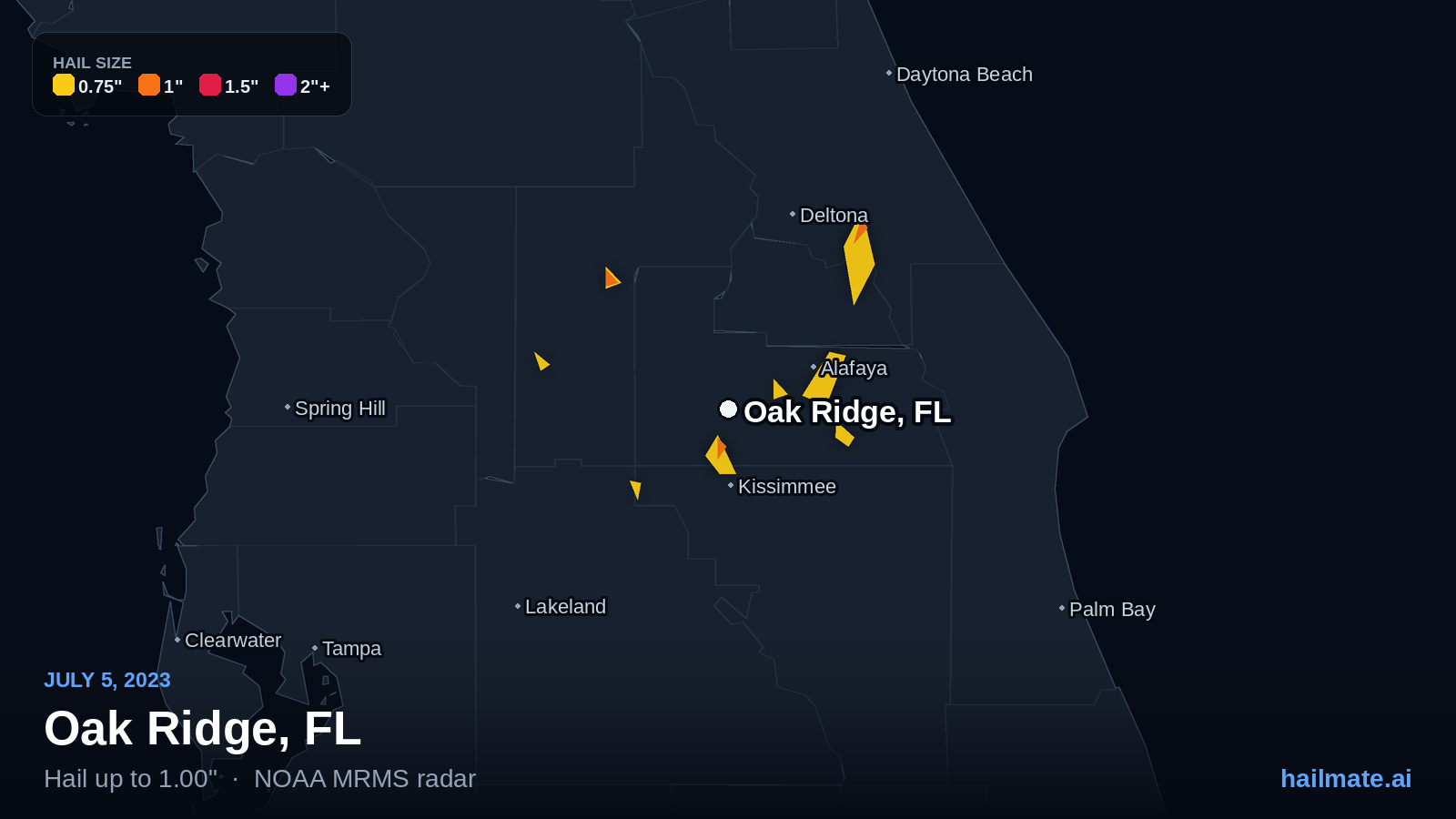Hail swath map for Oak Ridge, FL on July 5, 2023 showing 1.00 inch hail.