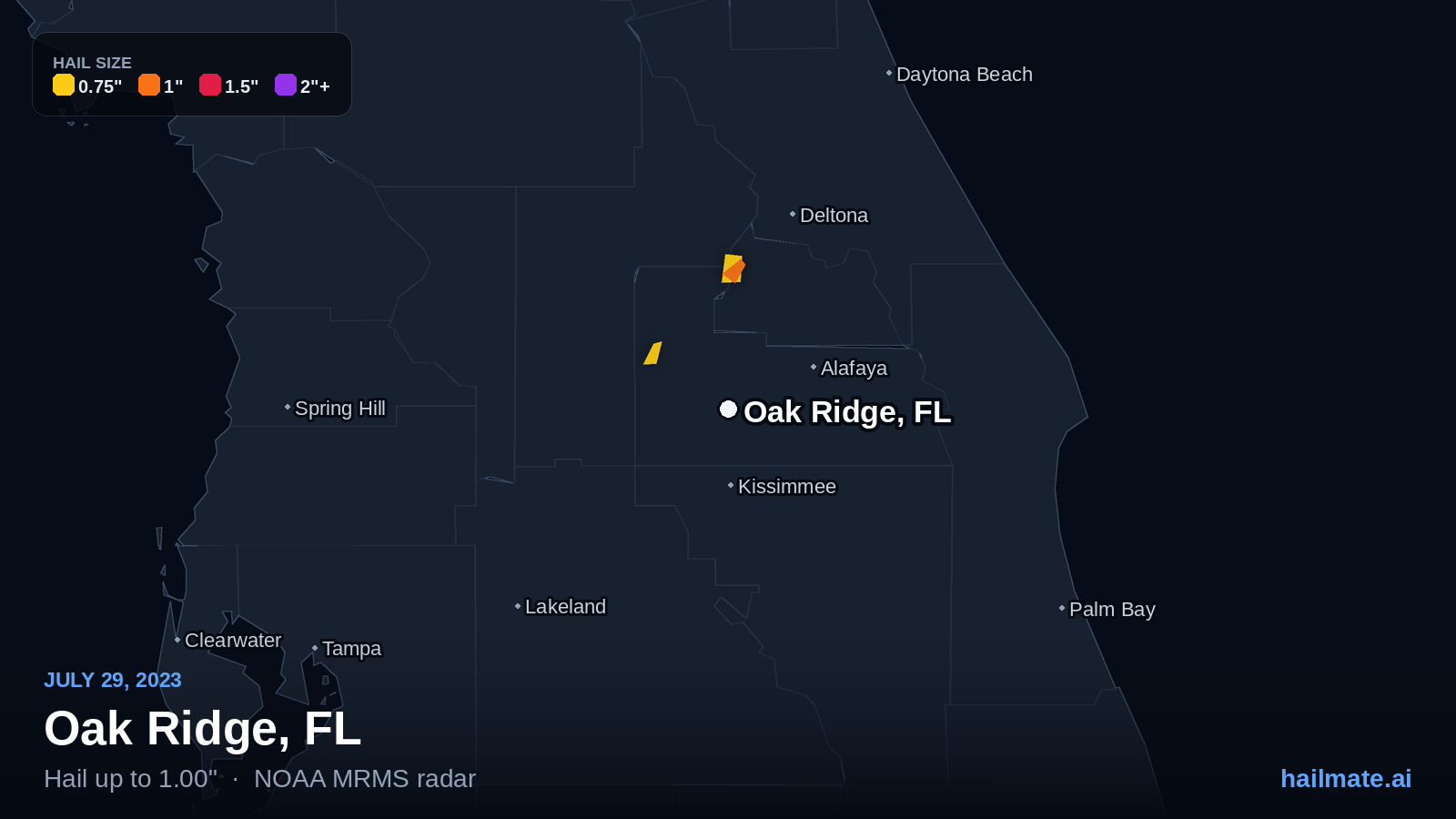 Hail swath map for Oak Ridge, FL on July 29, 2023 showing 1.00 inch hail.