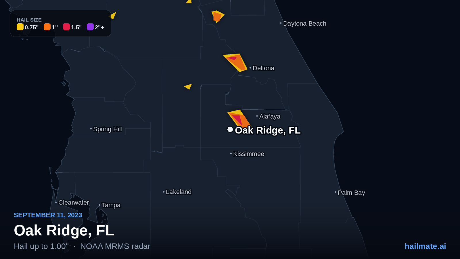 Hail swath map for Oak Ridge, FL on September 11, 2023 showing 1.00 inch hail.