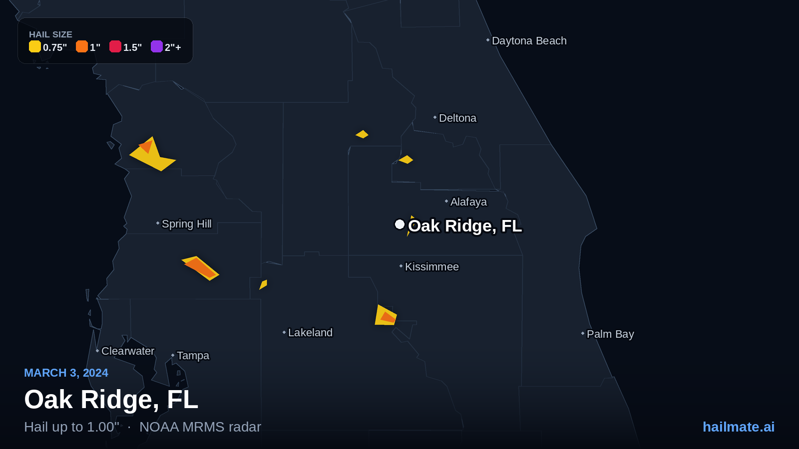 Hail swath map for Oak Ridge, FL on March 3, 2024 showing 1.00 inch hail.