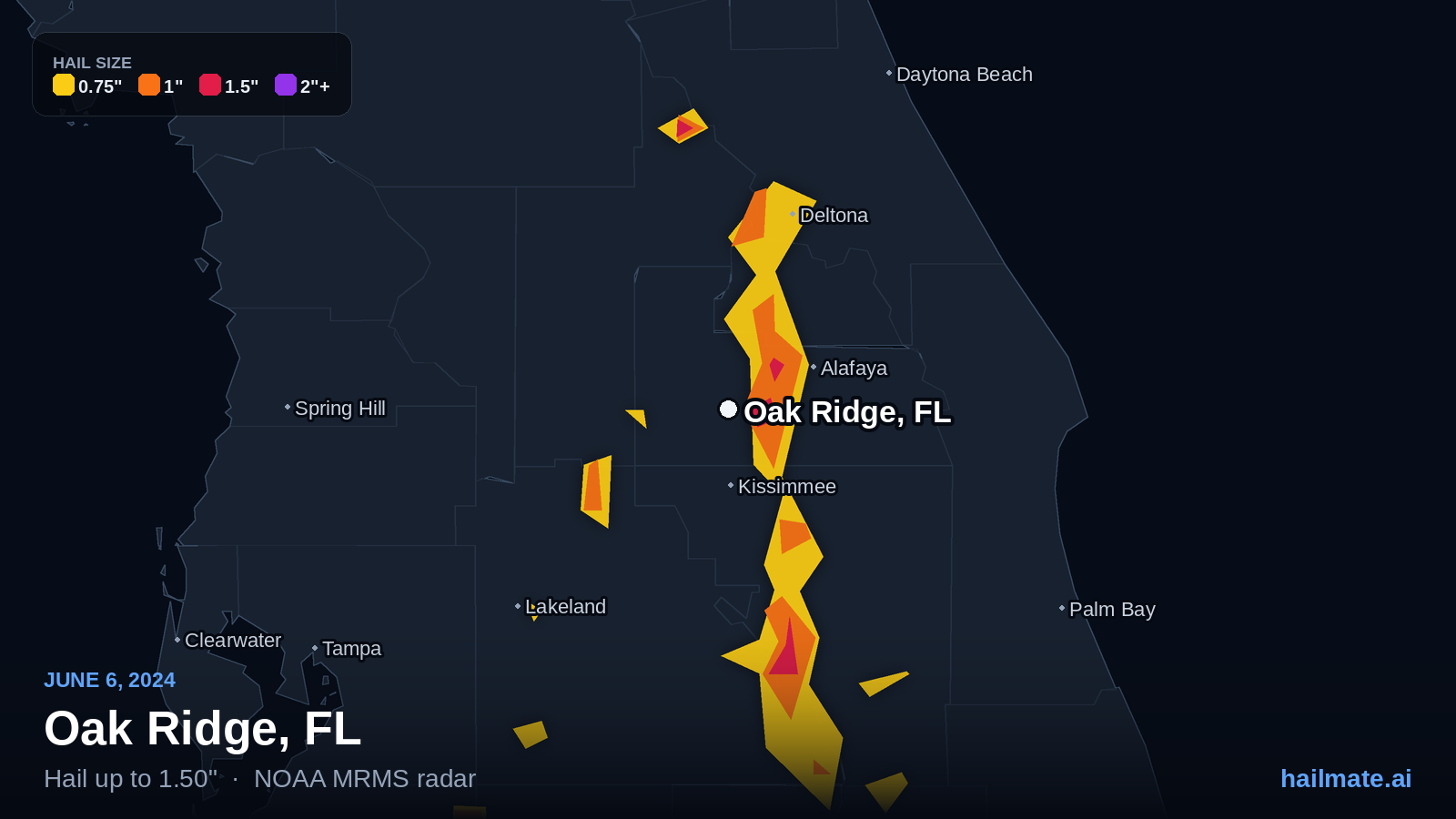 Hail swath map for Oak Ridge, FL on June 6, 2024 showing 1.50 inch hail.