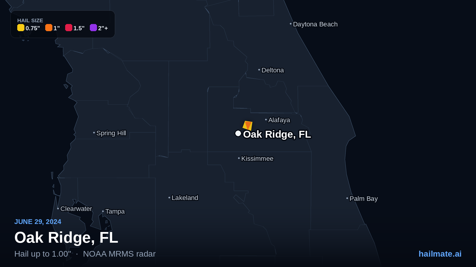 Hail swath map for Oak Ridge, FL on June 29, 2024 showing 1.00 inch hail.