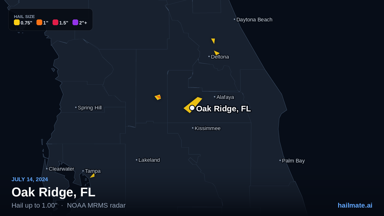 Hail swath map for Oak Ridge, FL on July 14, 2024 showing 1.00 inch hail.