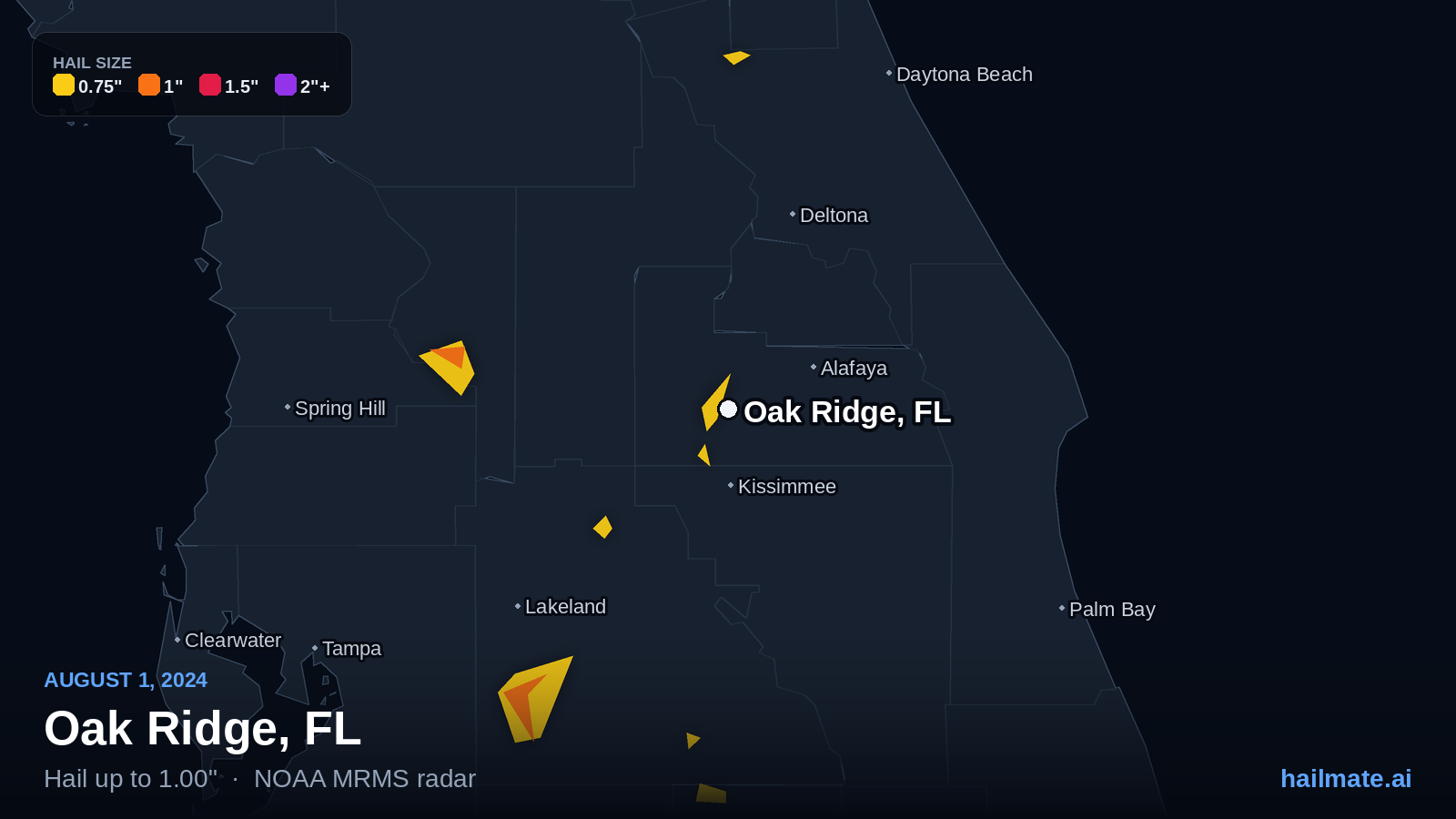 Hail swath map for Oak Ridge, FL on August 1, 2024 showing 1.00 inch hail.