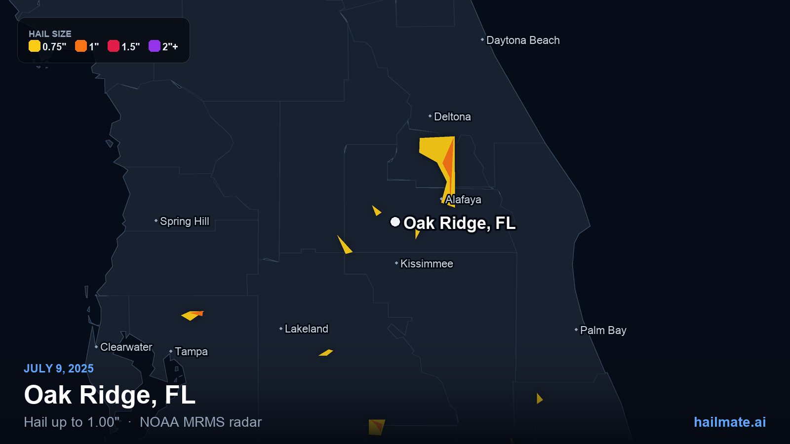 Hail swath map for Oak Ridge, FL on July 9, 2025 showing 1.00 inch hail.