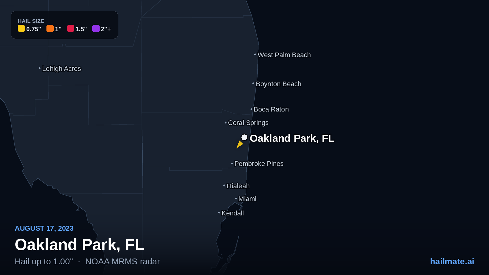 Hail swath map for Oakland Park, FL on August 17, 2023 showing 1.00 inch hail.