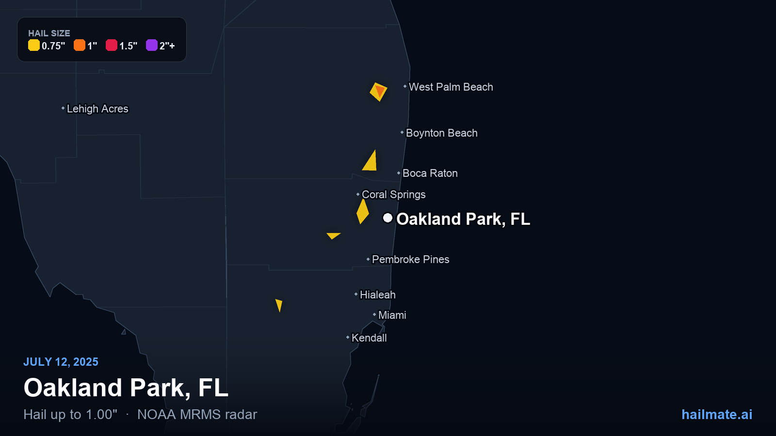 Hail swath map for Oakland Park, FL on July 12, 2025 showing 1.00 inch hail.