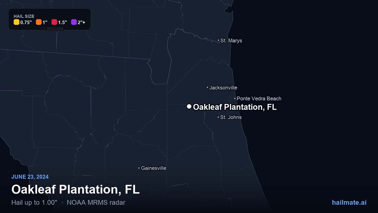 Hail swath map for Oakleaf Plantation, FL on June 23, 2024 showing 1.00 inch hail.