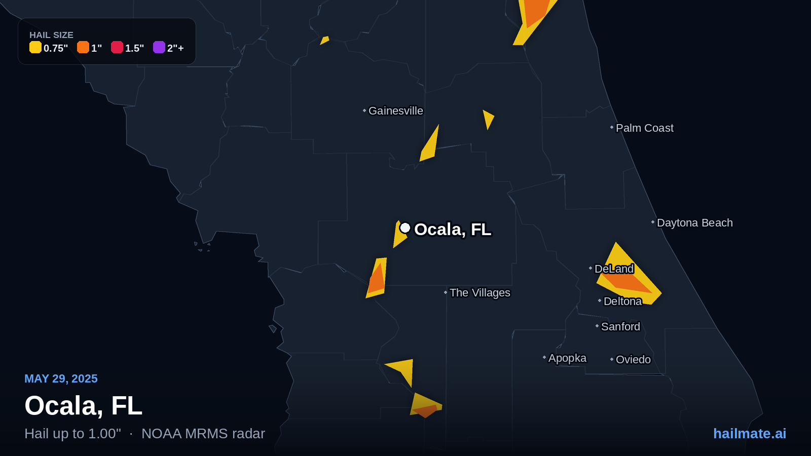 Hail swath map for Ocala, FL on May 29, 2025 showing 1.00 inch hail.