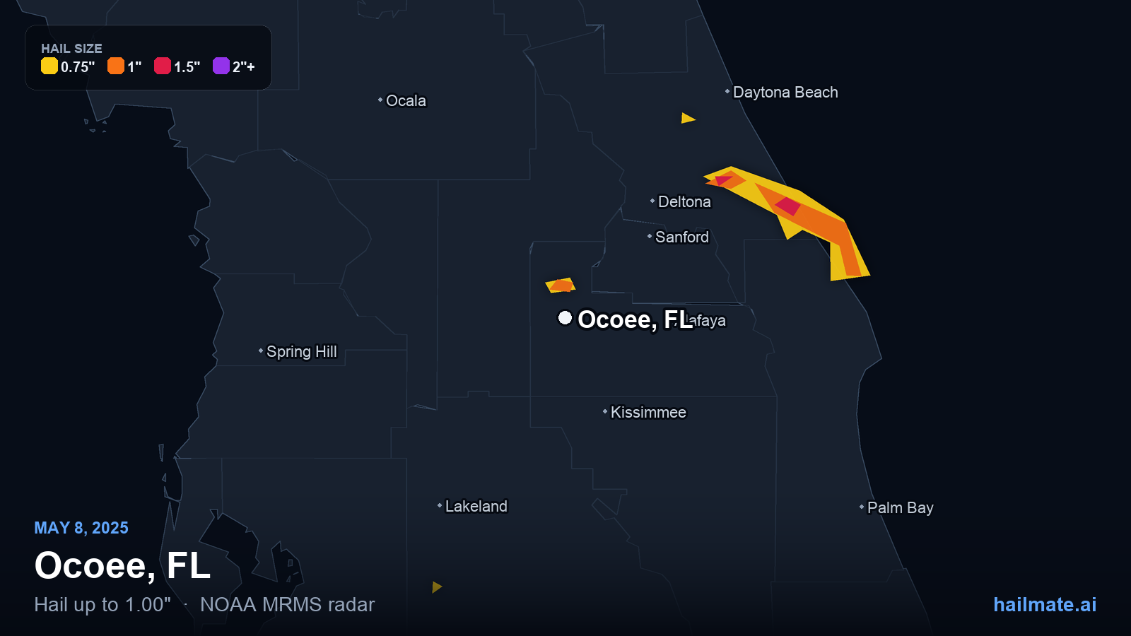 Hail swath map for Ocoee, FL on May 8, 2025 showing 1.00 inch hail.