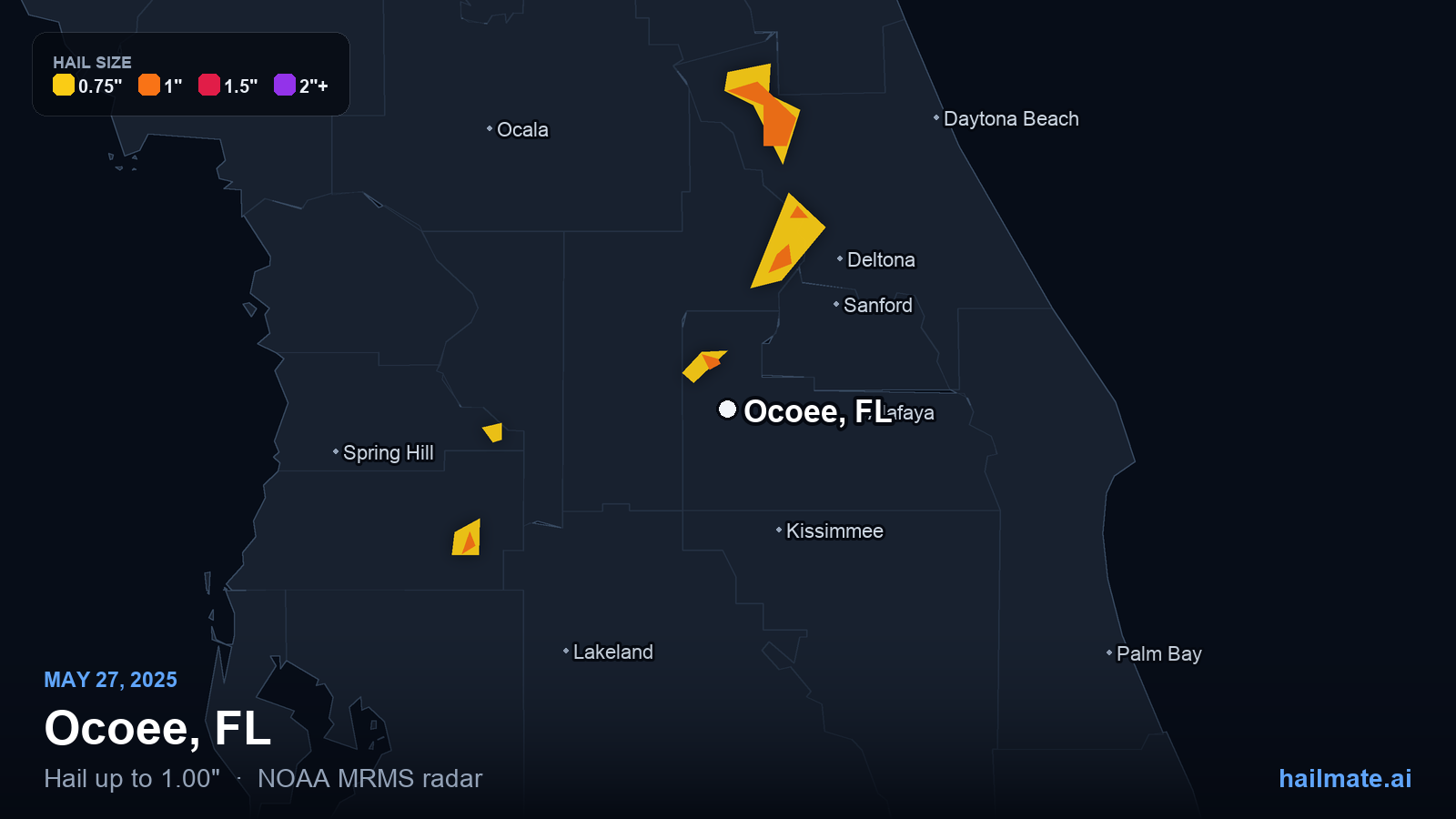Hail swath map for Ocoee, FL on May 27, 2025 showing 1.00 inch hail.