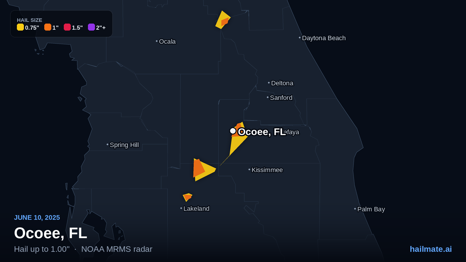 Hail swath map for Ocoee, FL on June 10, 2025 showing 1.00 inch hail.