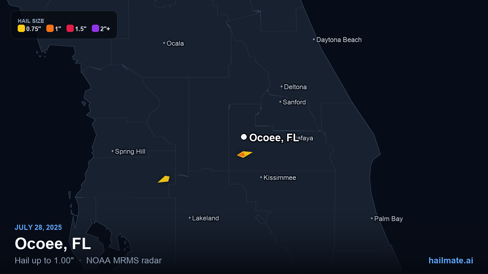 Hail swath map for Ocoee, FL on July 28, 2025 showing 1.00 inch hail.