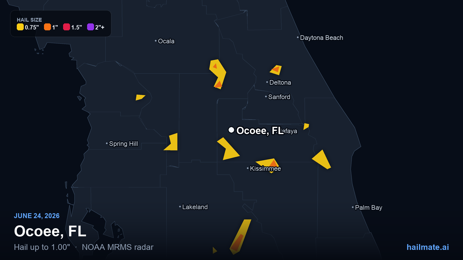 Hail swath map for Ocoee, FL on June 24, 2026 showing 1.00 inch hail.