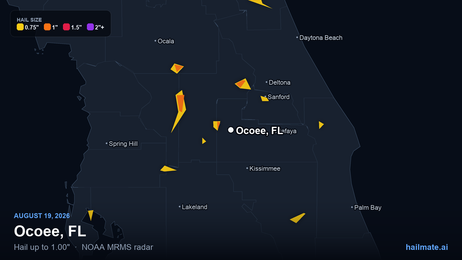 Hail swath map for Ocoee, FL on August 19, 2026 showing 1.00 inch hail.