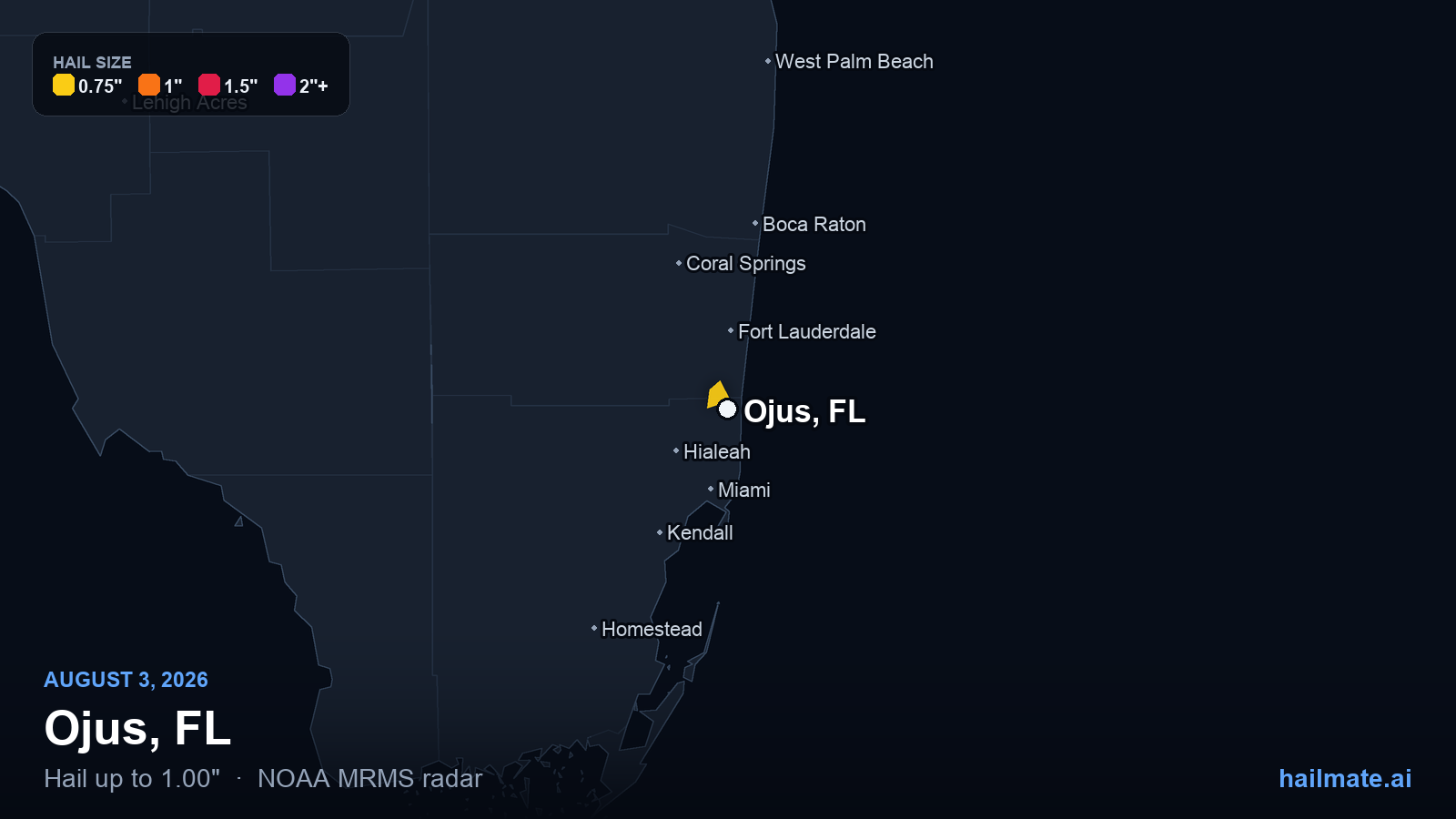 Hail swath map for Ojus, FL on August 3, 2026 showing 1.00 inch hail.