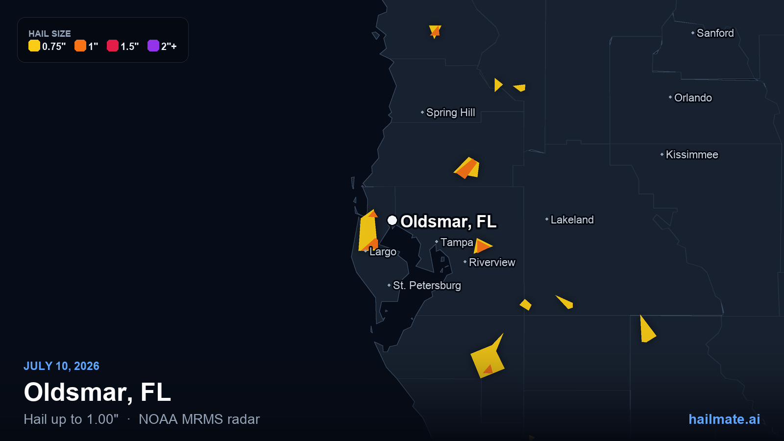 Hail swath map for Oldsmar, FL on July 10, 2026 showing 1.00 inch hail.