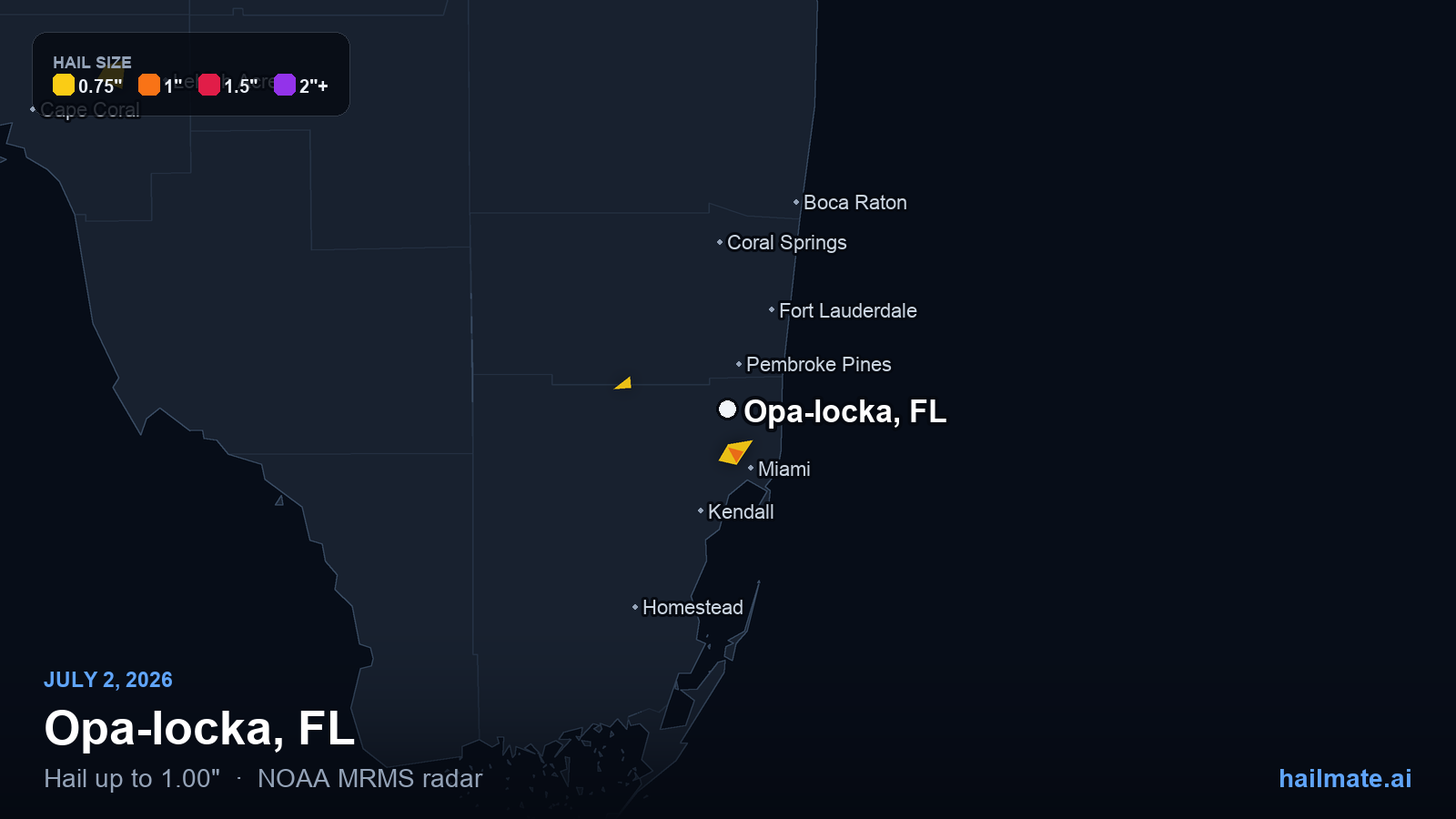 Hail swath map for Opa-locka, FL on July 2, 2026 showing 1.00 inch hail.