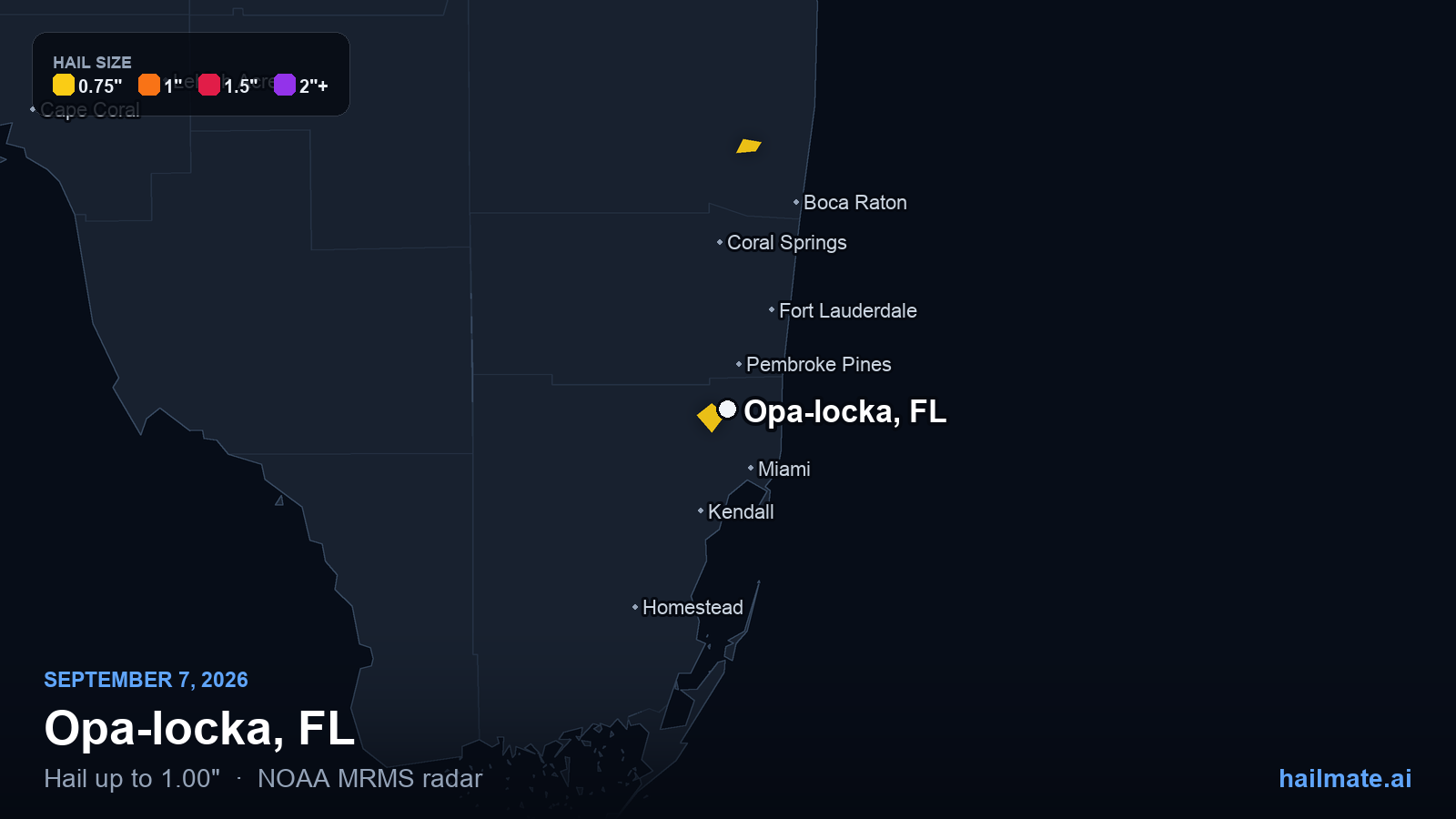 Hail swath map for Opa-locka, FL on September 7, 2026 showing 1.00 inch hail.