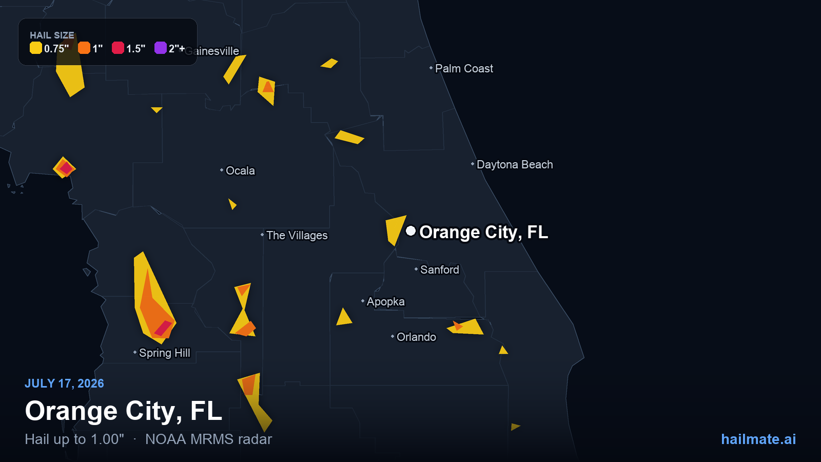 Hail swath map for Orange City, FL on July 17, 2026 showing 1.00 inch hail.