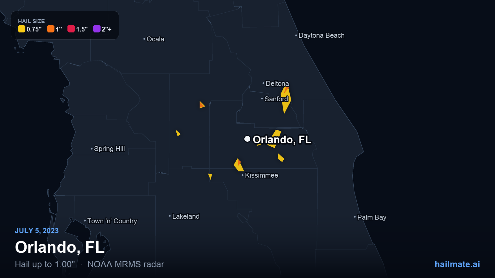 Hail swath map for Orlando, FL on July 5, 2023 showing 1.00 inch hail.