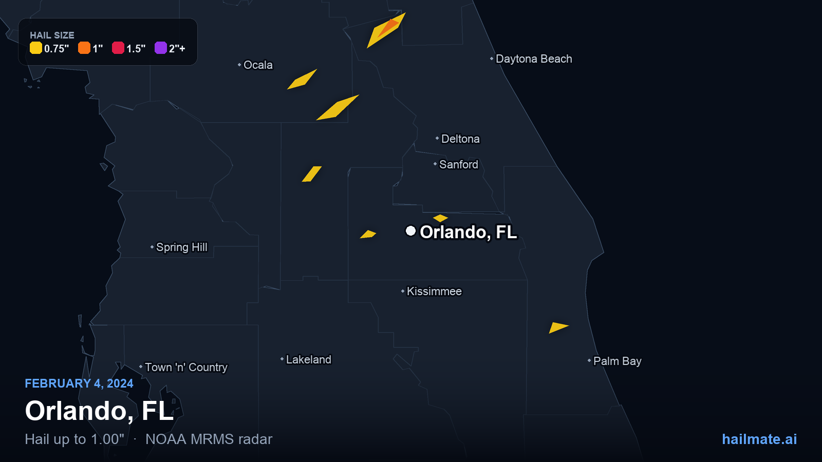 Hail swath map for Orlando, FL on February 4, 2024 showing 1.00 inch hail.