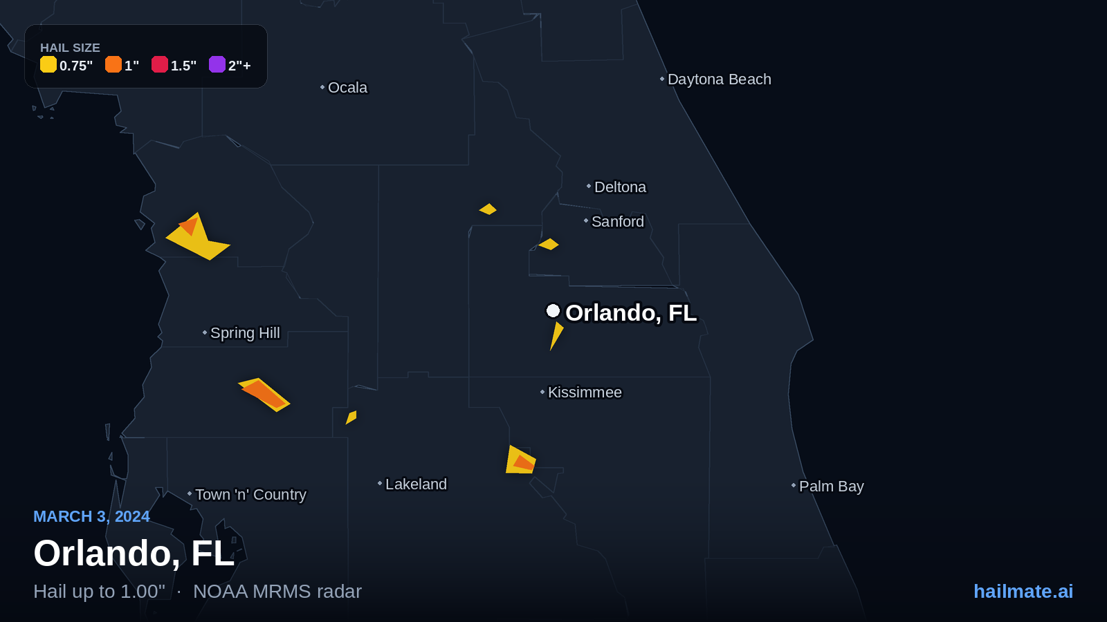 Hail swath map for Orlando, FL on March 3, 2024 showing 1.00 inch hail.
