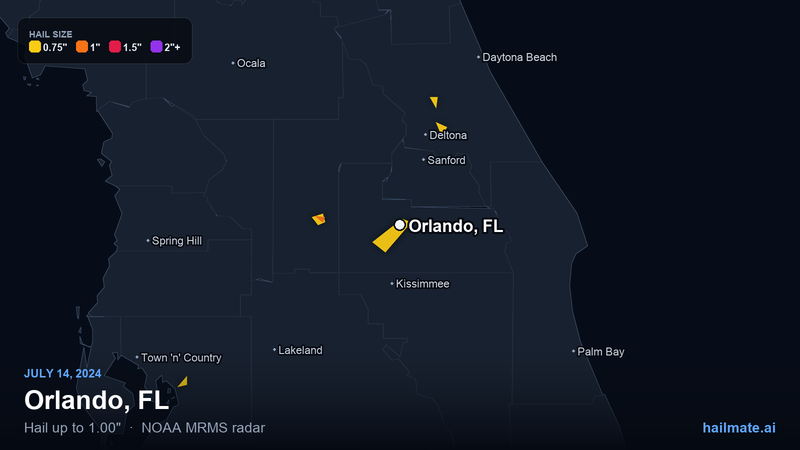 Hail swath map for Orlando, FL on July 14, 2024 showing 1.00 inch hail.