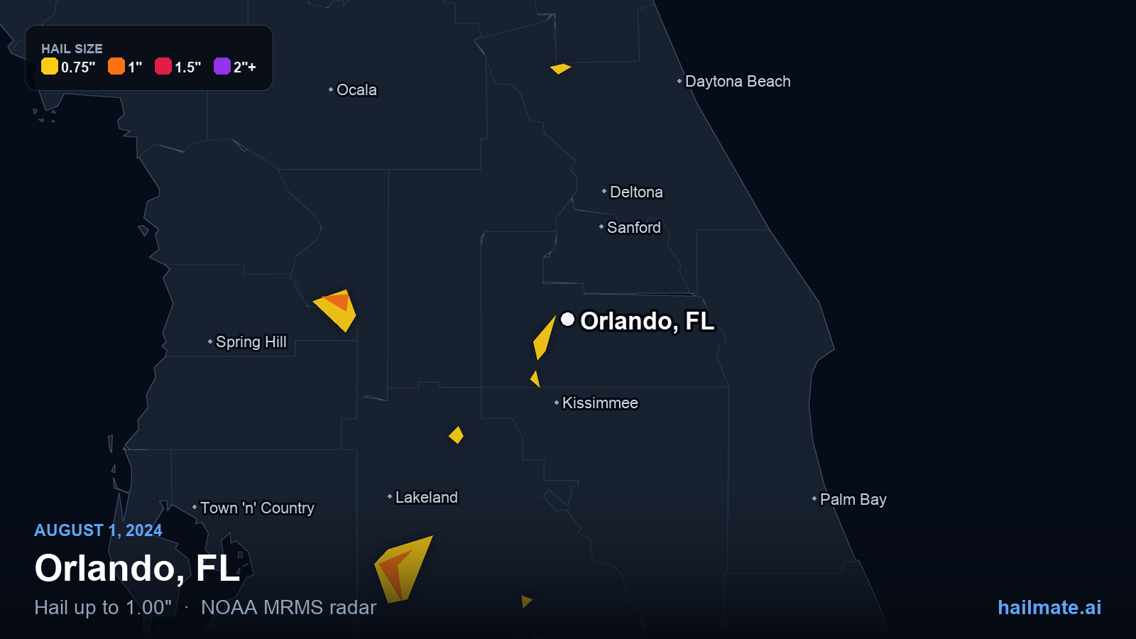 Hail swath map for Orlando, FL on August 1, 2024 showing 1.00 inch hail.