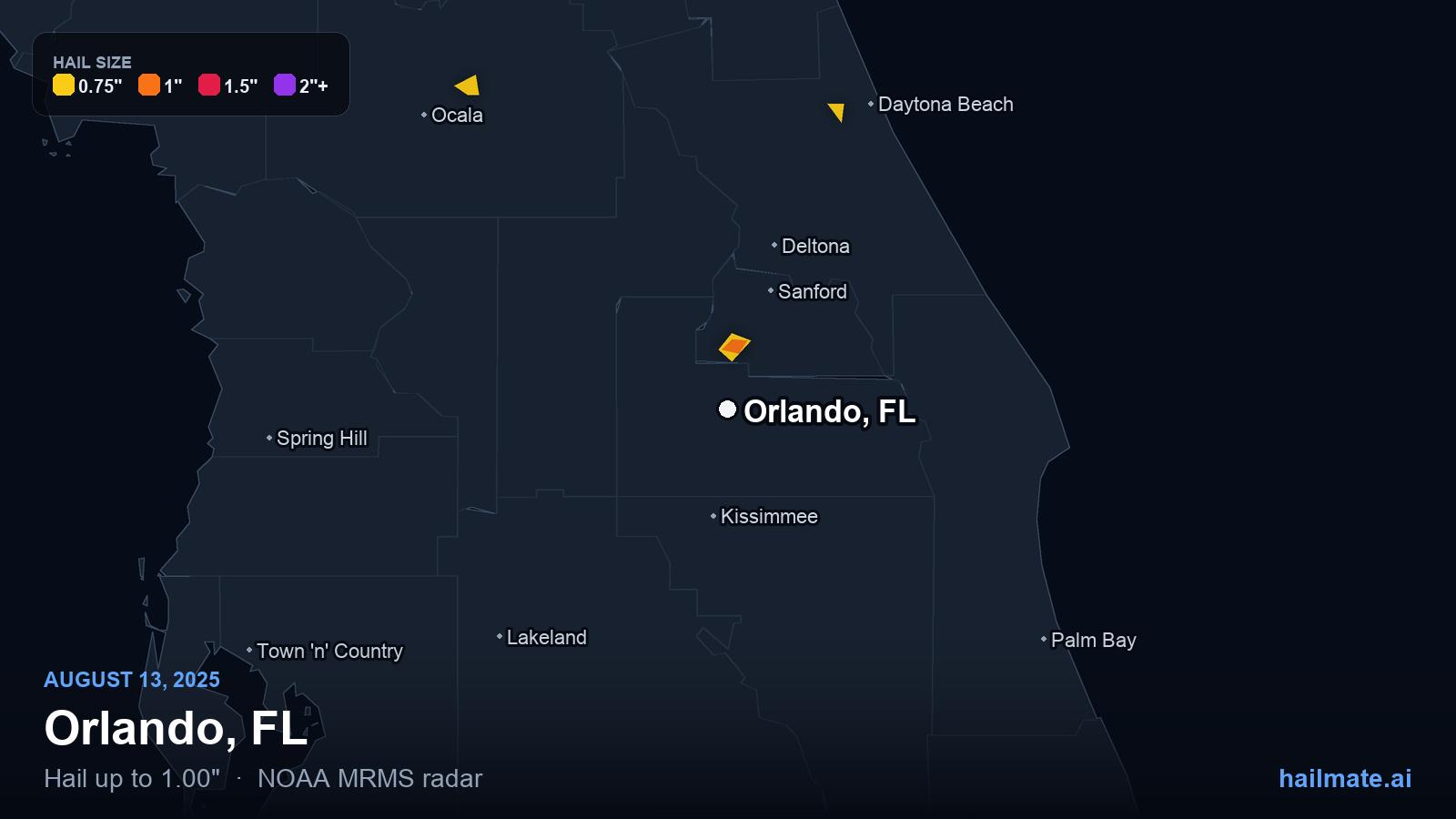 Hail swath map for Orlando, FL on August 13, 2025 showing 1.00 inch hail.