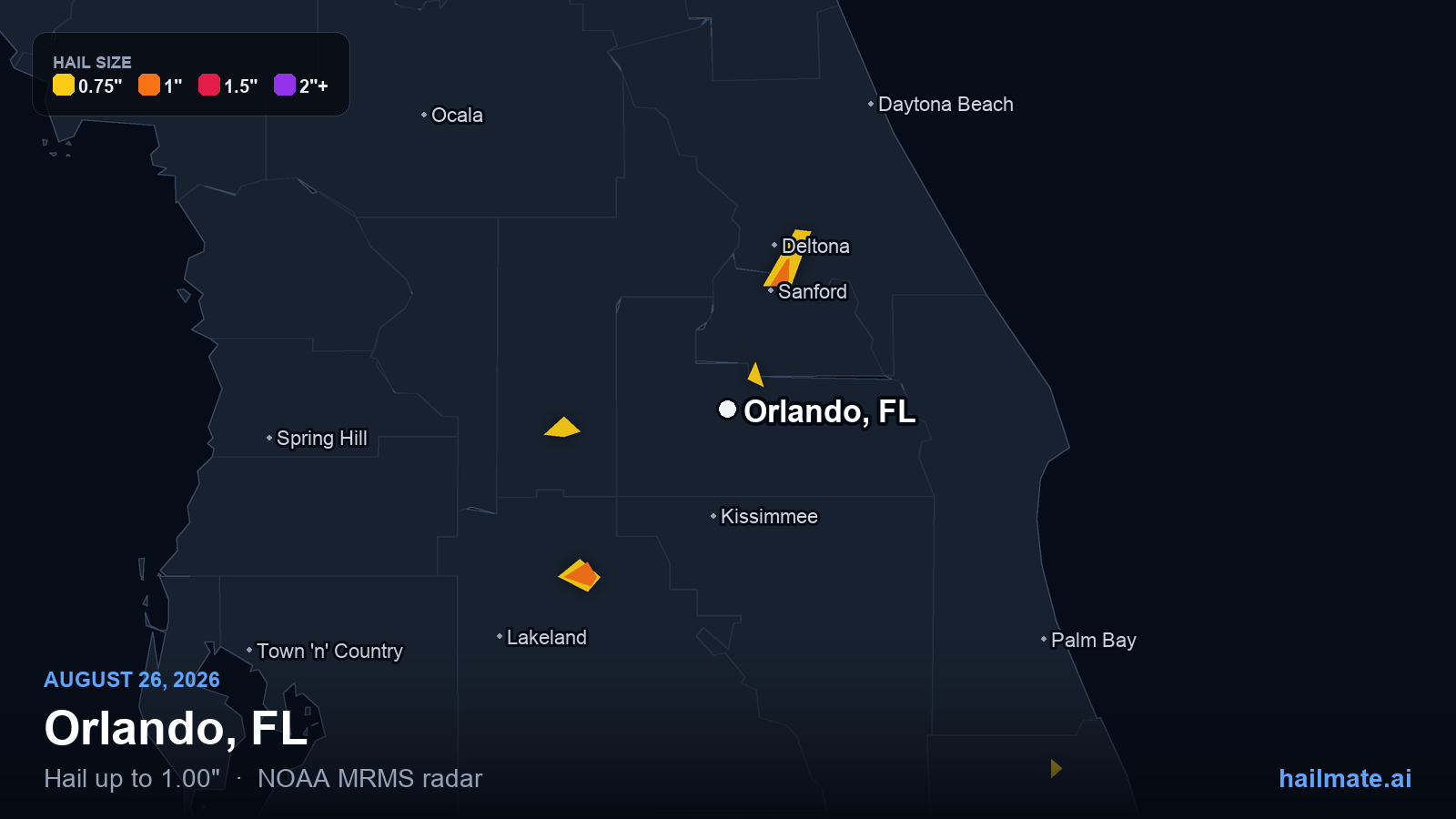 Hail swath map for Orlando, FL on August 26, 2026 showing 1.00 inch hail.