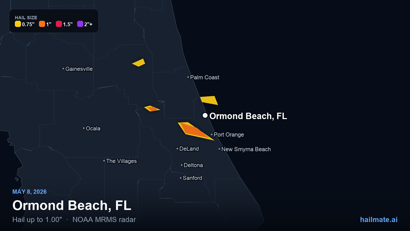 Hail swath map for Ormond Beach, FL on May 8, 2026 showing 1.00 inch hail.