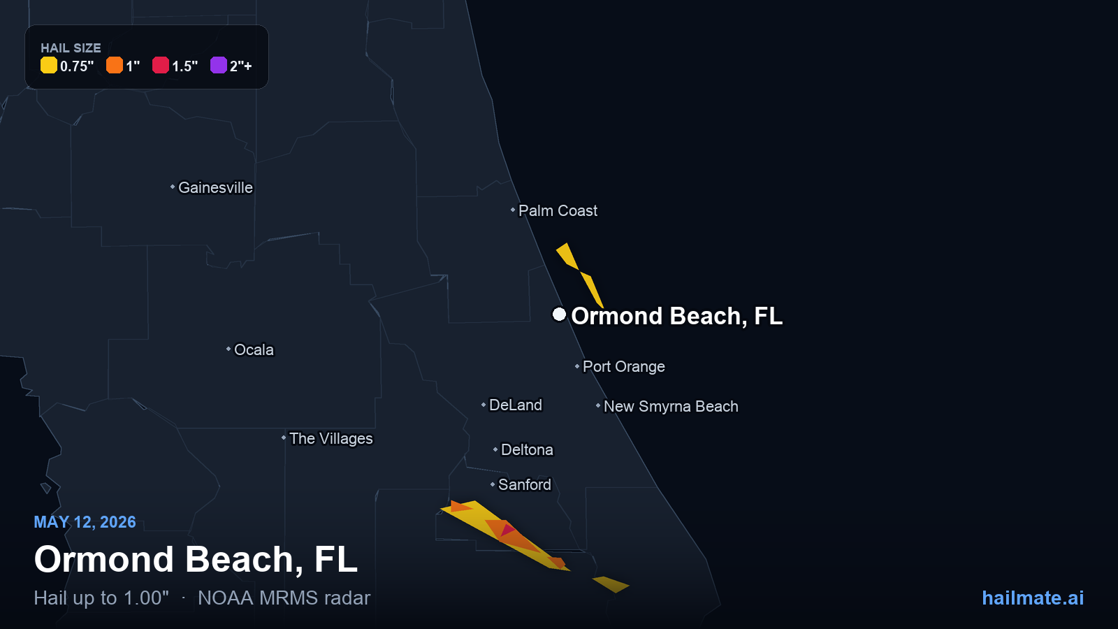 Hail swath map for Ormond Beach, FL on May 12, 2026 showing 1.00 inch hail.