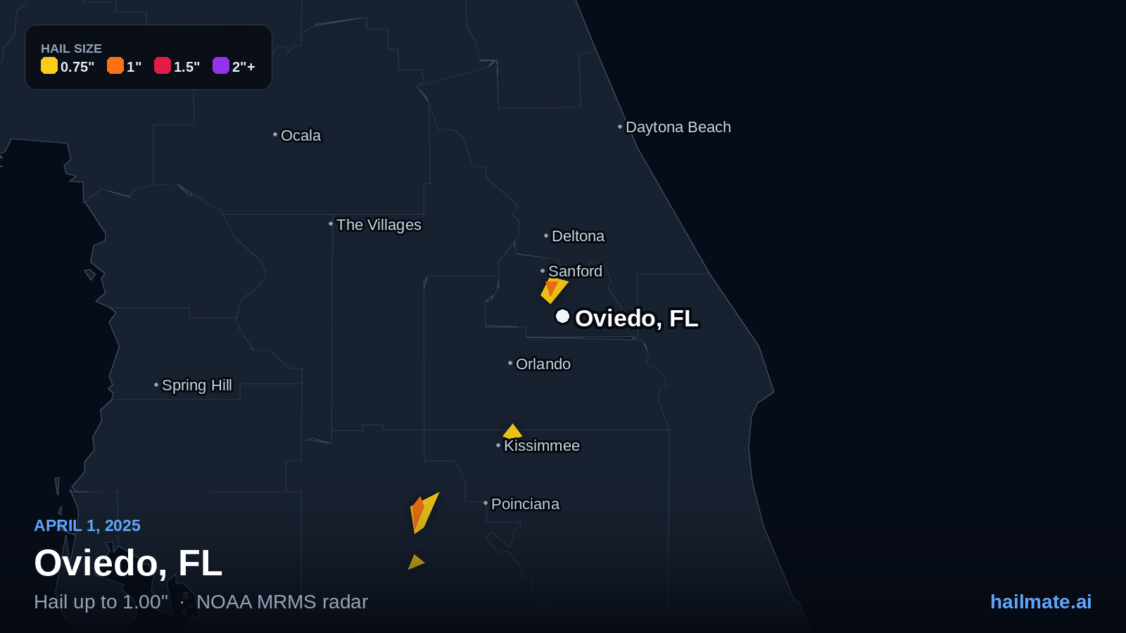 Hail swath map for Oviedo, FL on April 1, 2025 showing 1.00 inch hail.