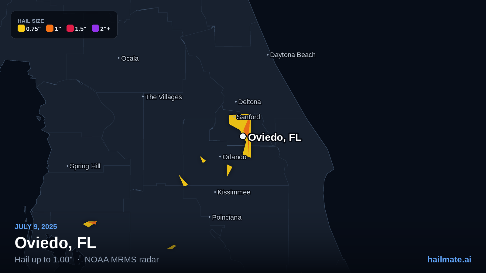 Hail swath map for Oviedo, FL on July 9, 2025 showing 1.00 inch hail.