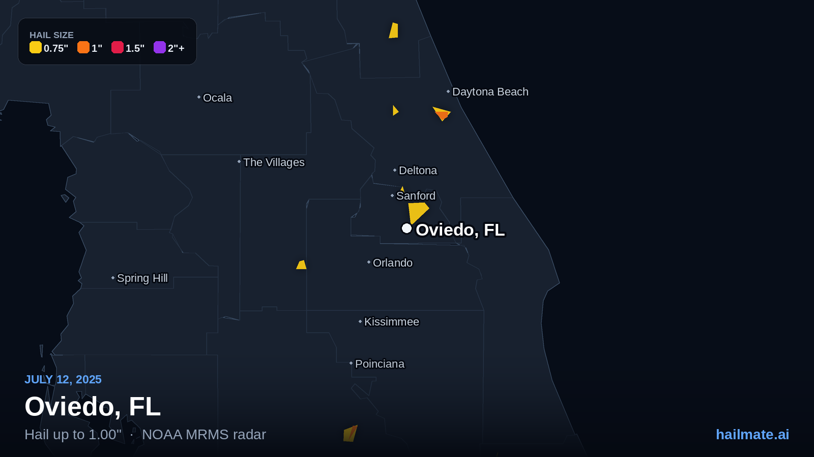 Hail swath map for Oviedo, FL on July 12, 2025 showing 1.00 inch hail.