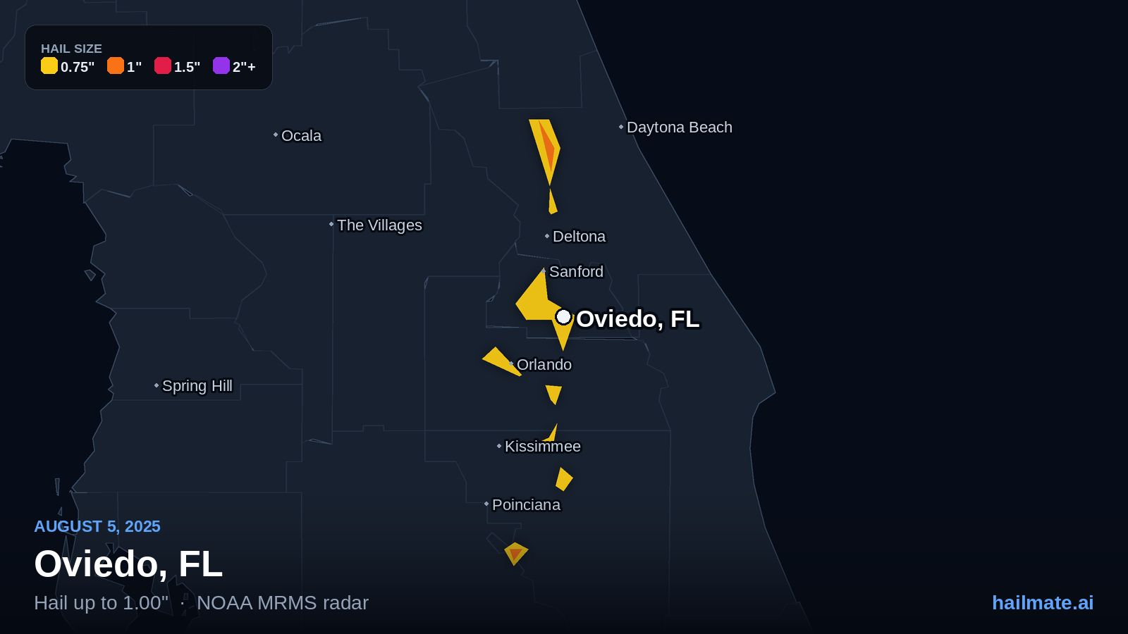 Hail swath map for Oviedo, FL on August 5, 2025 showing 1.00 inch hail.