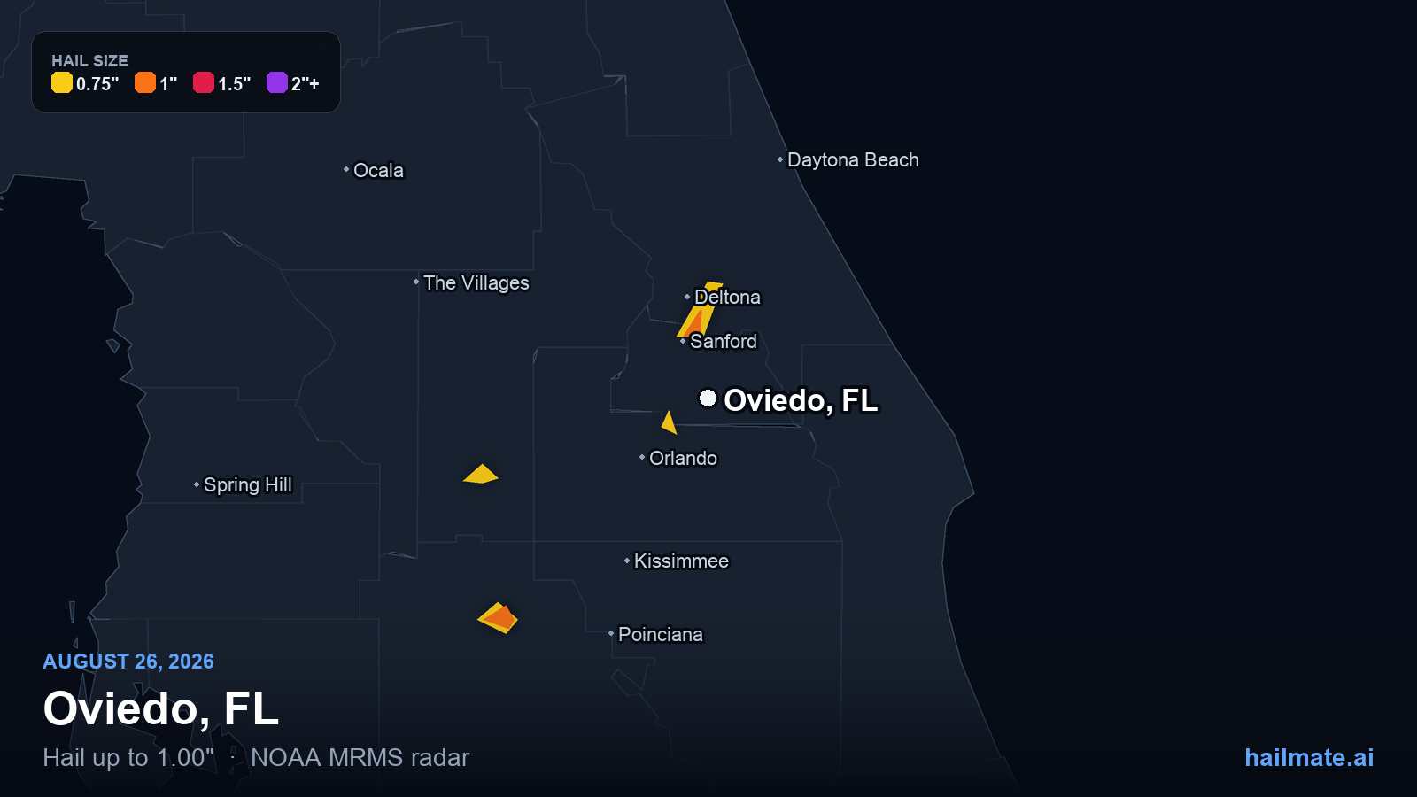 Hail swath map for Oviedo, FL on August 26, 2026 showing 1.00 inch hail.